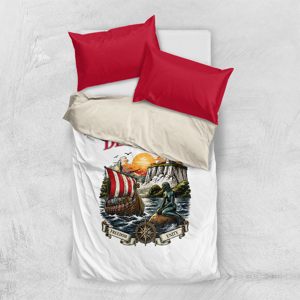 Denmark Kongeriget Heritage Bedding Set Vintage Viking Ship And Nyhavn Scenic Illustration
