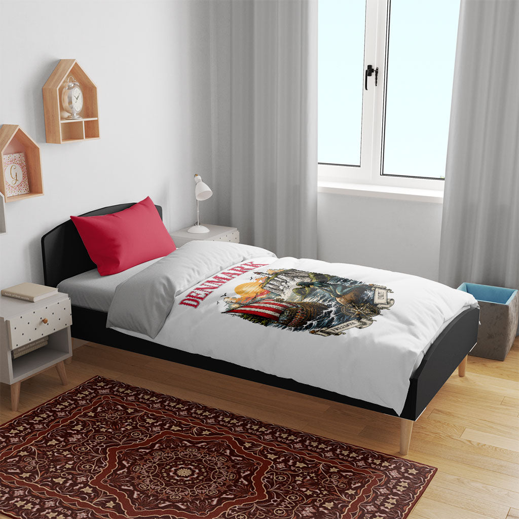 Denmark Kongeriget Heritage Bedding Set Vintage Viking Ship And Nyhavn Scenic Illustration