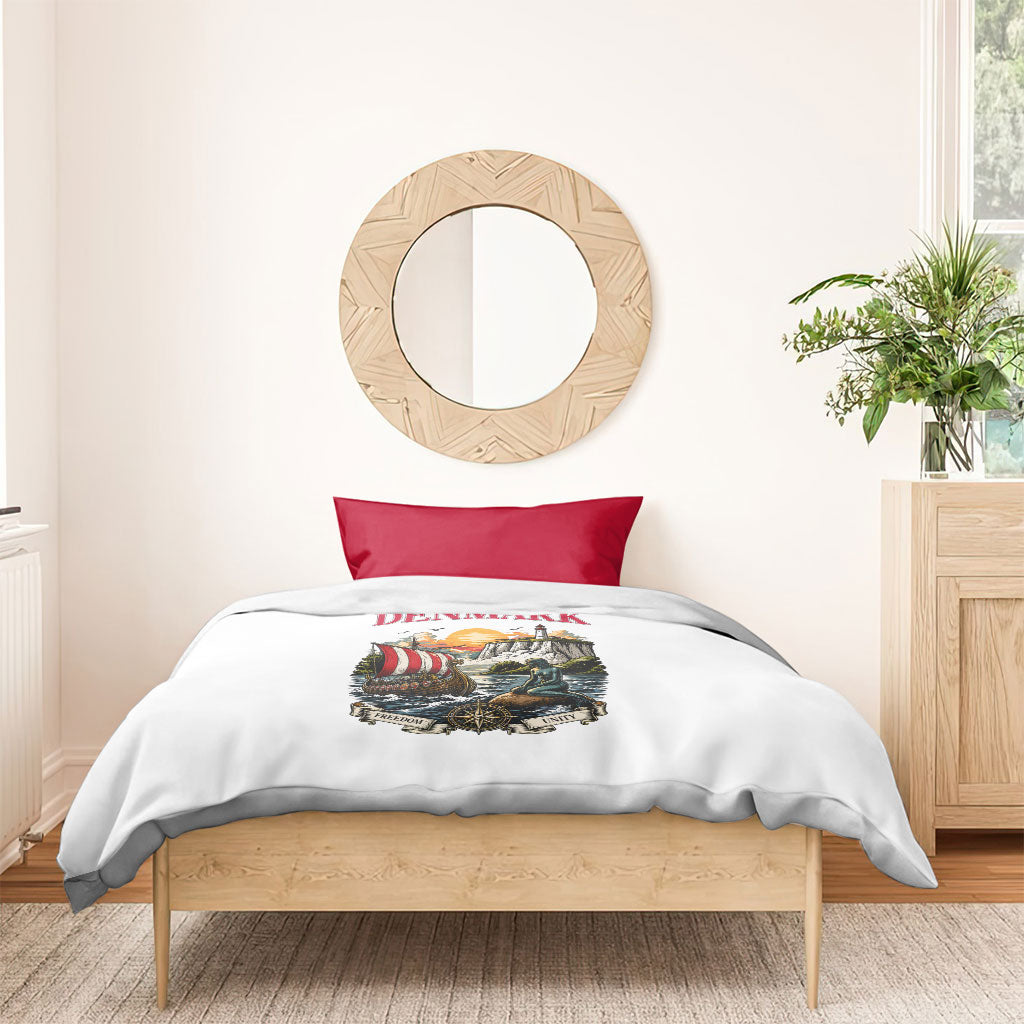 Denmark Kongeriget Heritage Bedding Set Vintage Viking Ship And Nyhavn Scenic Illustration