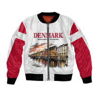 Denmark Kongeriget Heritage Bomber Jacket Vintage Viking Ship And Nyhavn Scenic Illustration