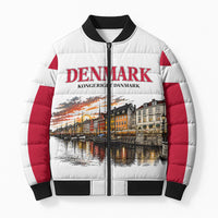 Denmark Kongeriget Heritage Bomber Puffer Jacket Vintage Viking Ship And Nyhavn Scenic Illustration