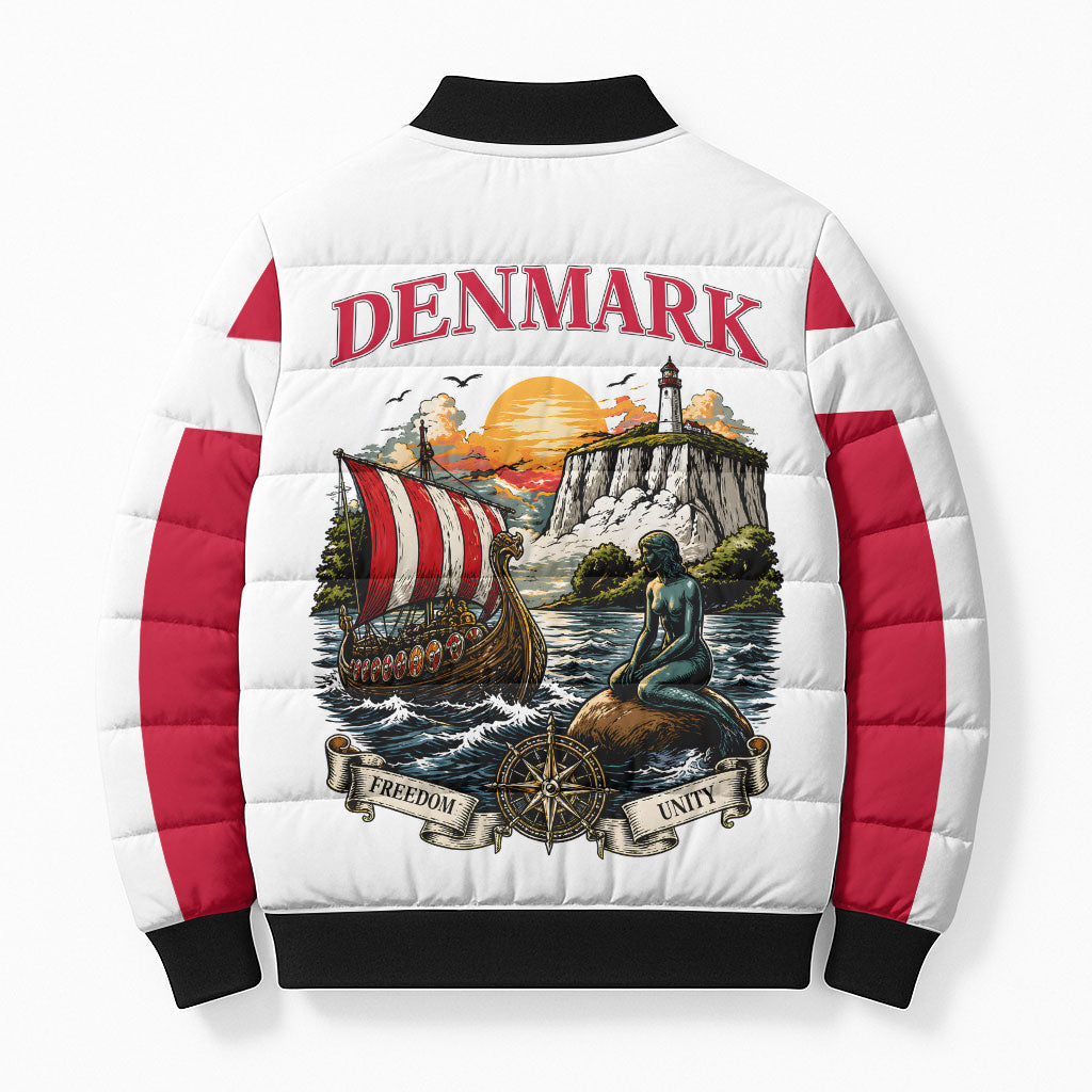 Denmark Kongeriget Heritage Bomber Puffer Jacket Vintage Viking Ship And Nyhavn Scenic Illustration