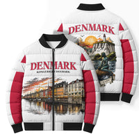 Denmark Kongeriget Heritage Bomber Puffer Jacket Vintage Viking Ship And Nyhavn Scenic Illustration