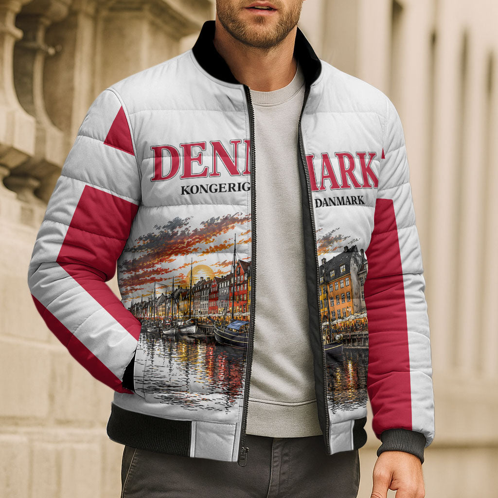 Denmark Kongeriget Heritage Bomber Puffer Jacket Vintage Viking Ship And Nyhavn Scenic Illustration