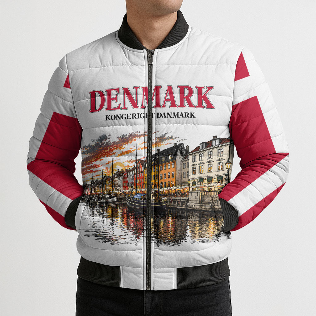 Denmark Kongeriget Heritage Bomber Puffer Jacket Vintage Viking Ship And Nyhavn Scenic Illustration