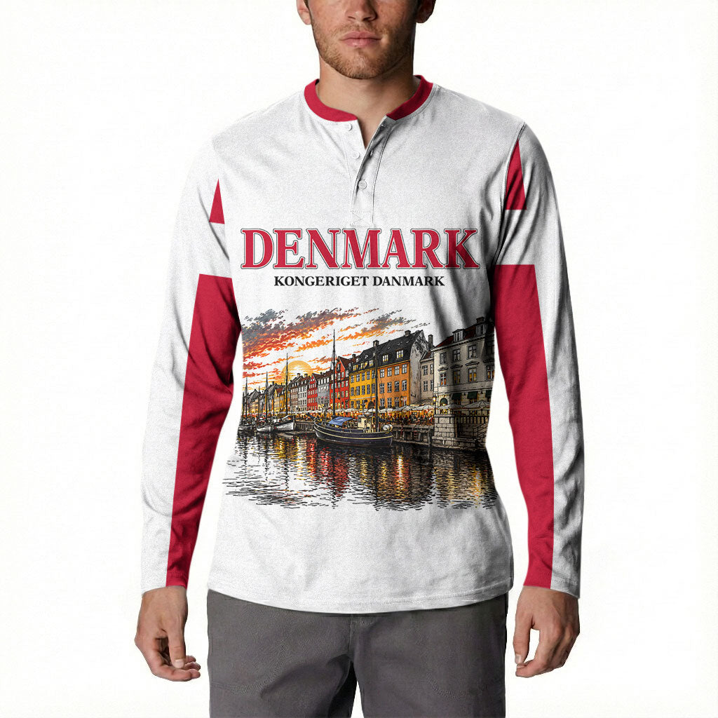 Denmark Kongeriget Heritage Button Sweatshirt Vintage Viking Ship And Nyhavn Scenic Illustration