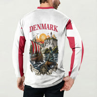 Denmark Kongeriget Heritage Button Sweatshirt Vintage Viking Ship And Nyhavn Scenic Illustration