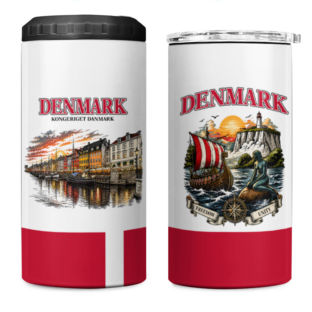 Denmark Kongeriget Heritage 4 in 1 Can Cooler Tumbler Vintage Viking Ship And Nyhavn Scenic Illustration