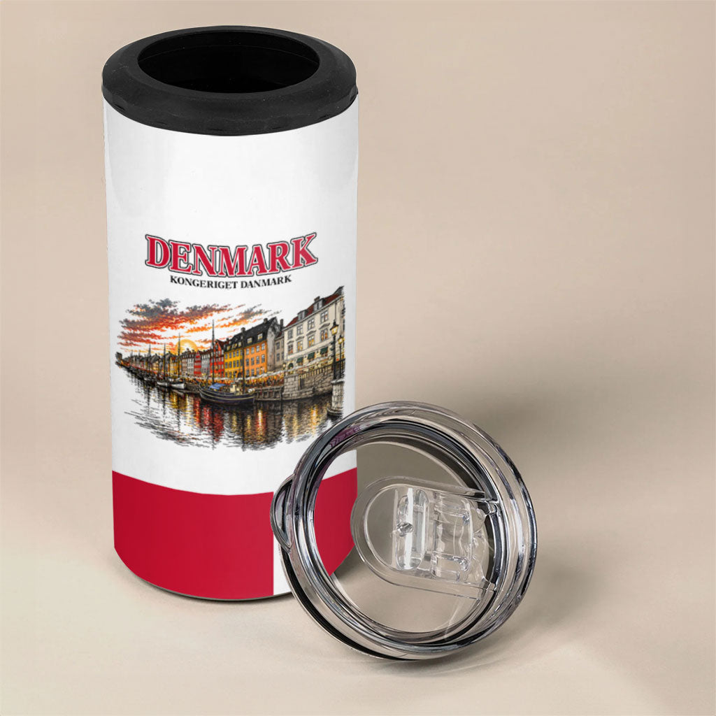 Denmark Kongeriget Heritage 4 in 1 Can Cooler Tumbler Vintage Viking Ship And Nyhavn Scenic Illustration