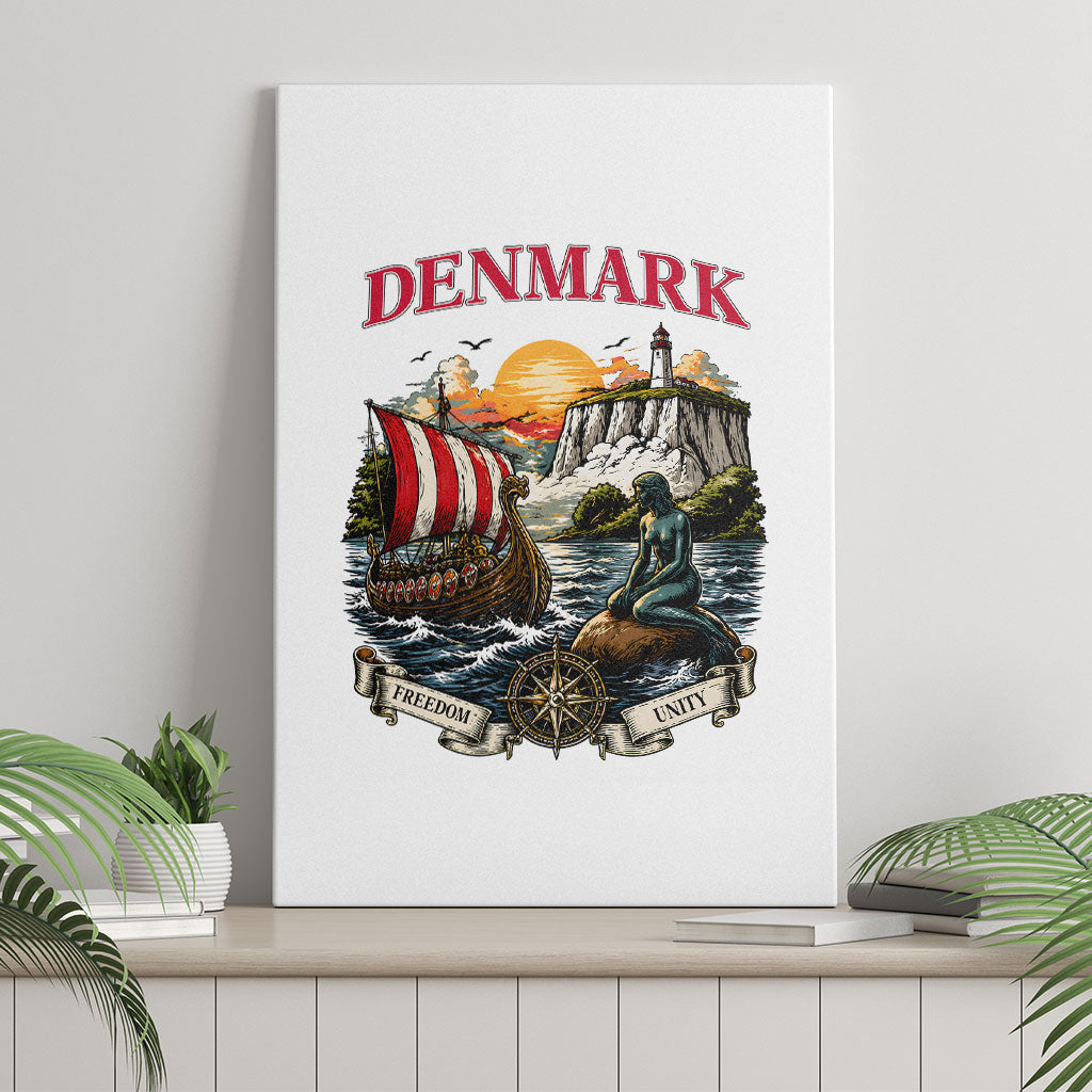 Denmark Kongeriget Heritage Canvas Wall Art Vintage Viking Ship And Nyhavn Scenic Illustration