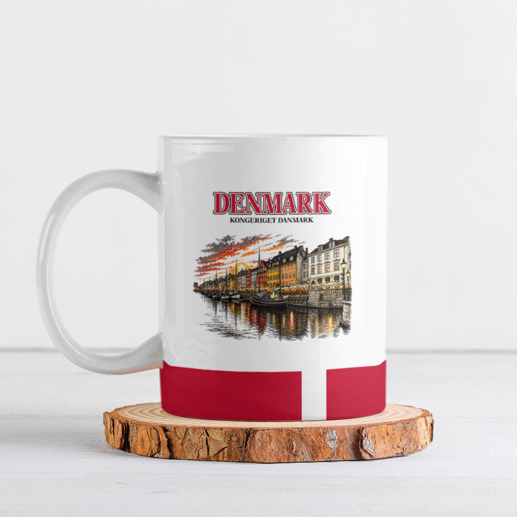 Denmark Kongeriget Heritage Ceramic Mug Vintage Viking Ship And Nyhavn Scenic Illustration