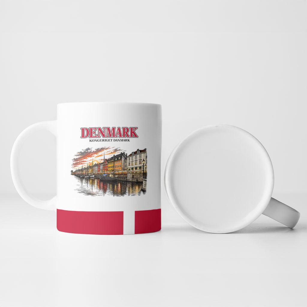 Denmark Kongeriget Heritage Ceramic Mug Vintage Viking Ship And Nyhavn Scenic Illustration