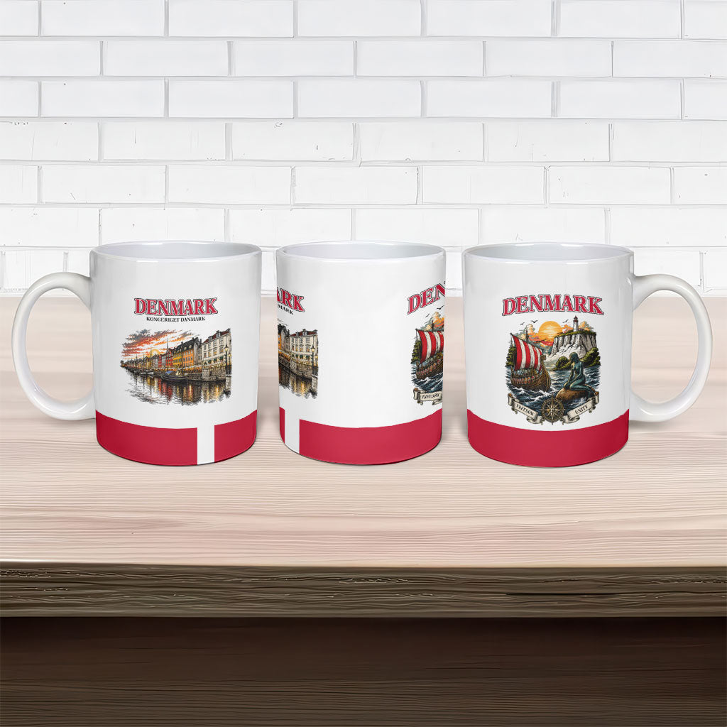 Denmark Kongeriget Heritage Ceramic Mug Vintage Viking Ship And Nyhavn Scenic Illustration