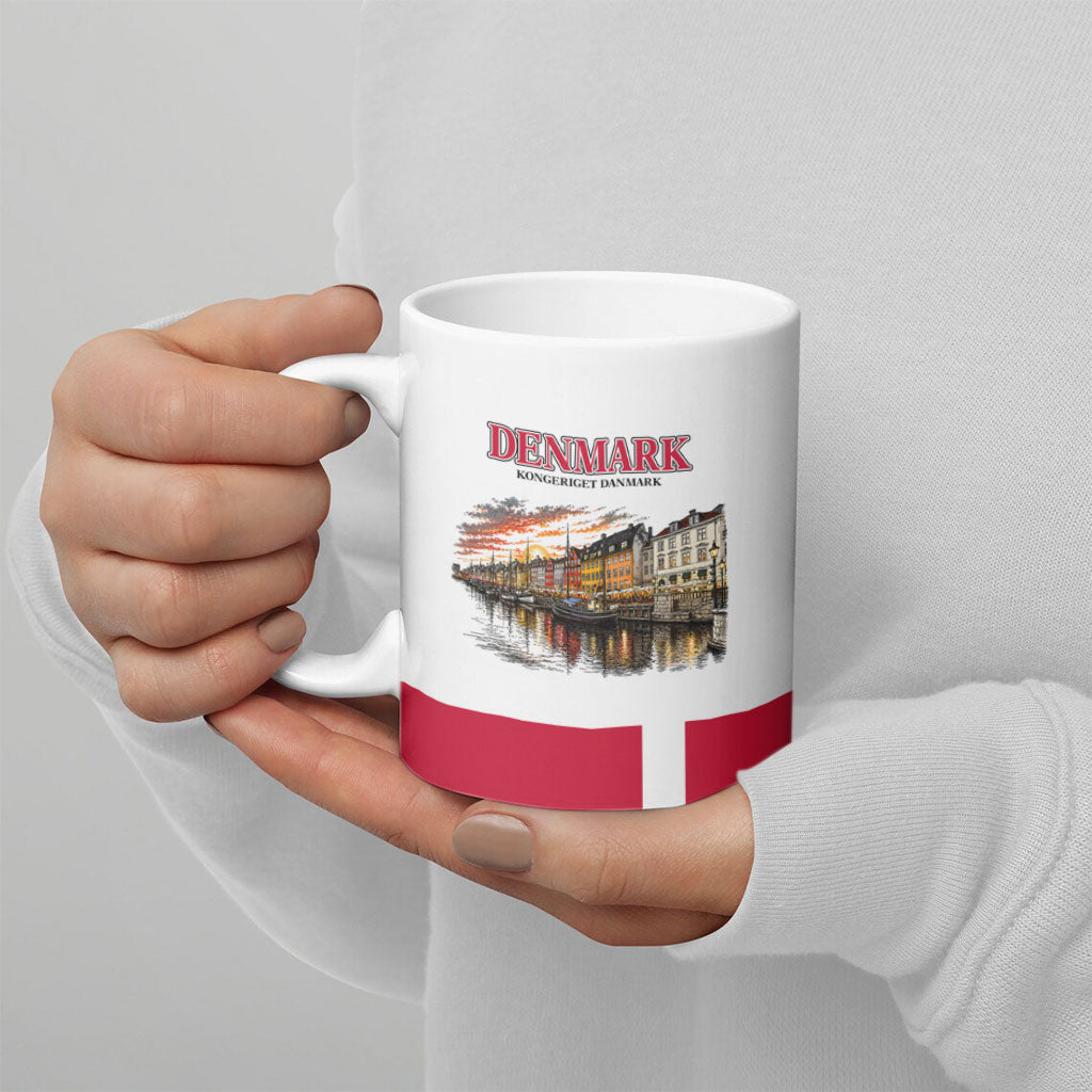 Denmark Kongeriget Heritage Ceramic Mug Vintage Viking Ship And Nyhavn Scenic Illustration