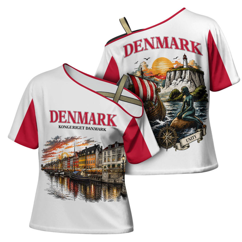 Denmark Kongeriget Heritage Cross Shoulder Shirt Vintage Viking Ship And Nyhavn Scenic Illustration