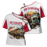 Denmark Kongeriget Heritage Cross Shoulder Shirt Vintage Viking Ship And Nyhavn Scenic Illustration