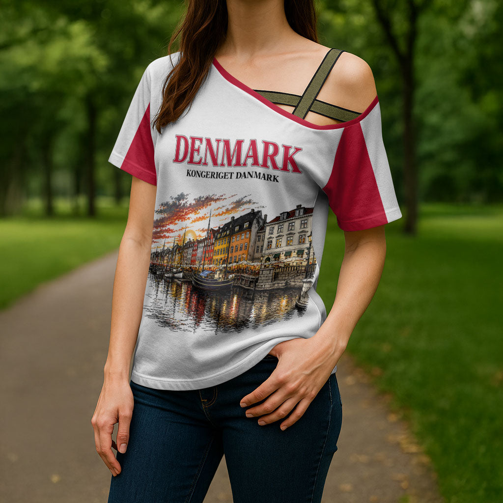 Denmark Kongeriget Heritage Cross Shoulder Shirt Vintage Viking Ship And Nyhavn Scenic Illustration