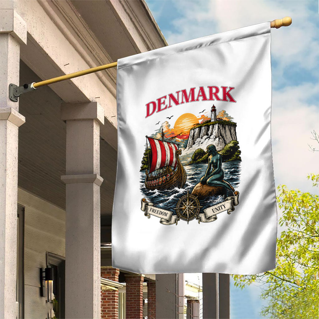 Denmark Kongeriget Heritage Garden Flag Vintage Viking Ship And Nyhavn Scenic Illustration