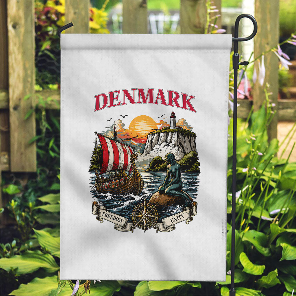 Denmark Kongeriget Heritage Garden Flag Vintage Viking Ship And Nyhavn Scenic Illustration