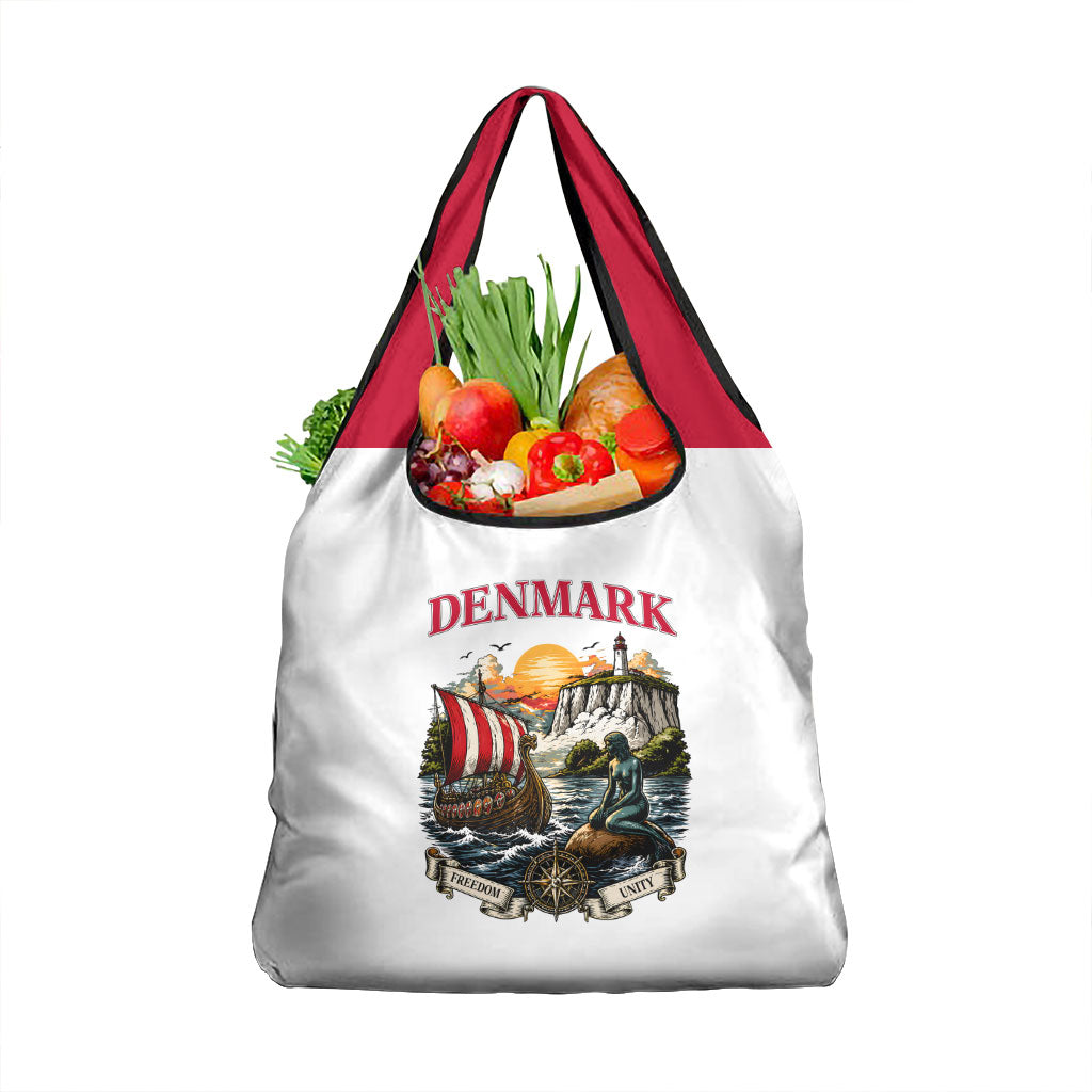 Denmark Kongeriget Heritage Grocery Bag Vintage Viking Ship And Nyhavn Scenic Illustration
