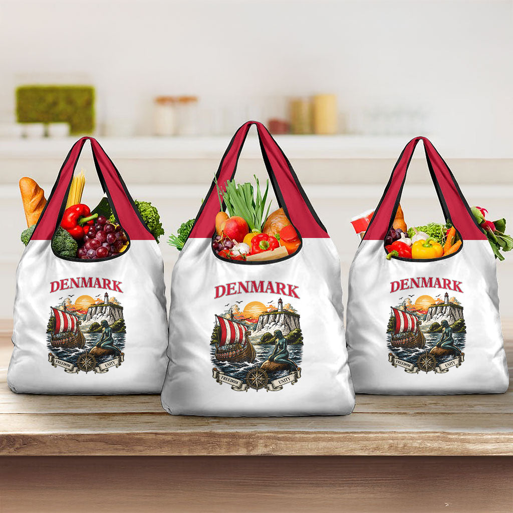Denmark Kongeriget Heritage Grocery Bag Vintage Viking Ship And Nyhavn Scenic Illustration