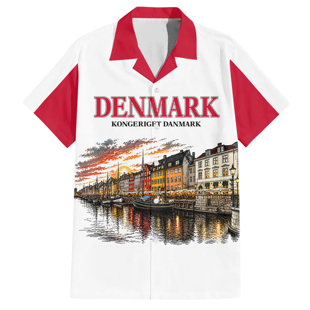 Denmark Kongeriget Heritage Hawaiian Shirt Vintage Viking Ship And Nyhavn Scenic Illustration