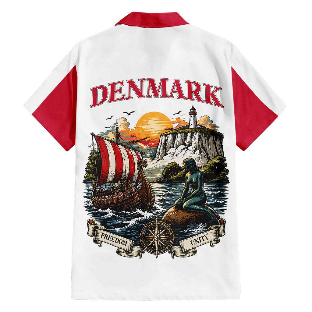 Denmark Kongeriget Heritage Hawaiian Shirt Vintage Viking Ship And Nyhavn Scenic Illustration