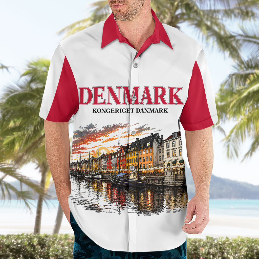 Denmark Kongeriget Heritage Hawaiian Shirt Vintage Viking Ship And Nyhavn Scenic Illustration