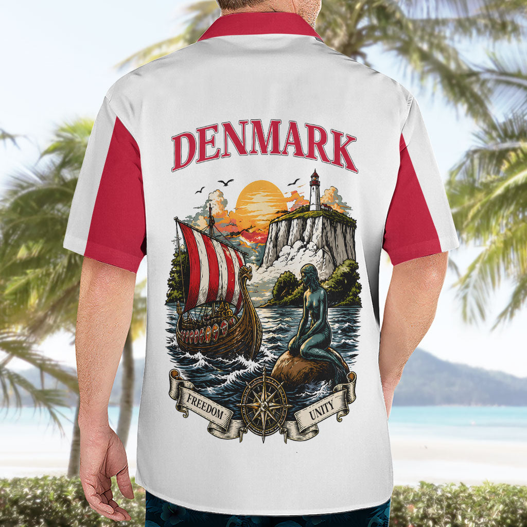 Denmark Kongeriget Heritage Hawaiian Shirt Vintage Viking Ship And Nyhavn Scenic Illustration
