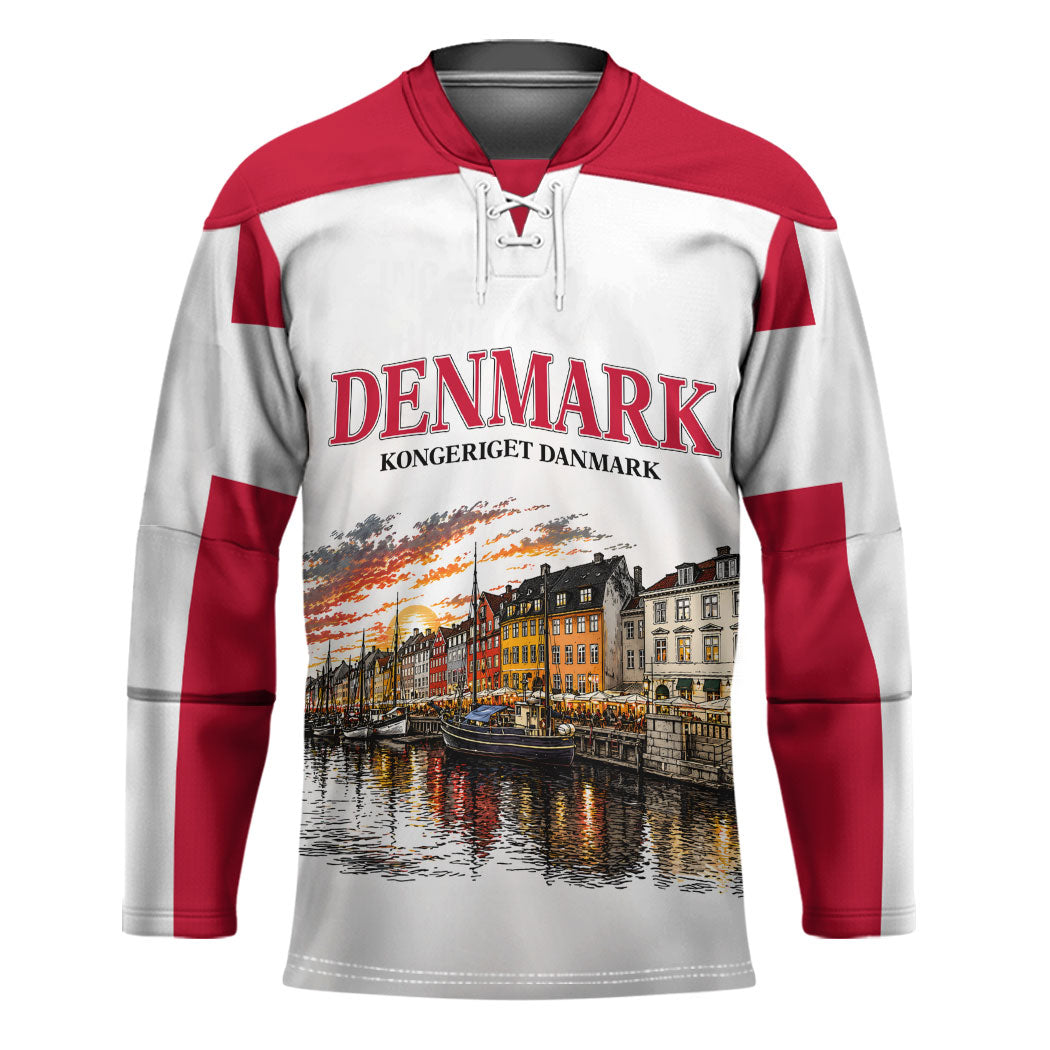 Denmark Kongeriget Heritage Hockey Jersey Vintage Viking Ship And Nyhavn Scenic Illustration