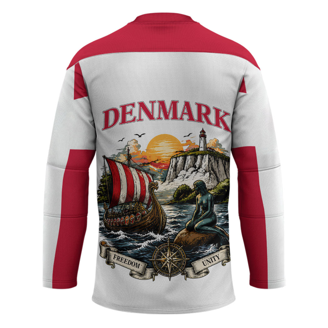 Denmark Kongeriget Heritage Hockey Jersey Vintage Viking Ship And Nyhavn Scenic Illustration