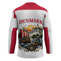 Denmark Kongeriget Heritage Hockey Jersey Vintage Viking Ship And Nyhavn Scenic Illustration