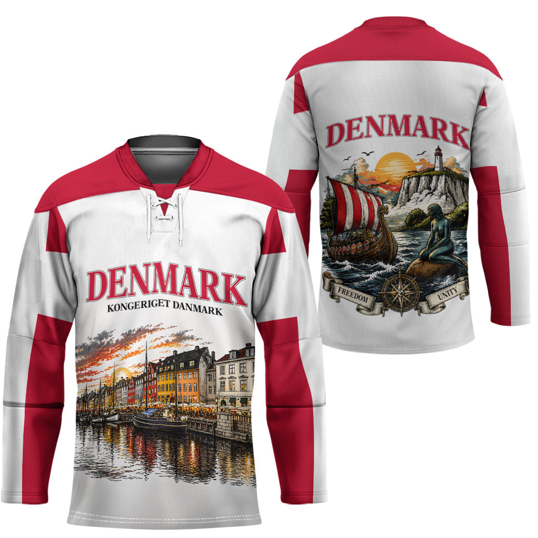 Denmark Kongeriget Heritage Hockey Jersey Vintage Viking Ship And Nyhavn Scenic Illustration