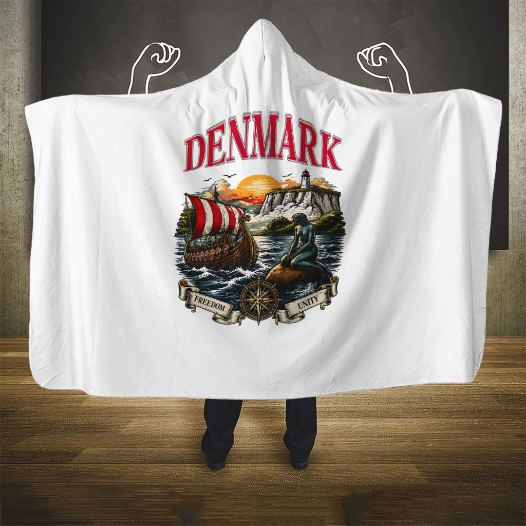 Denmark Kongeriget Heritage Hooded Blanket Vintage Viking Ship And Nyhavn Scenic Illustration