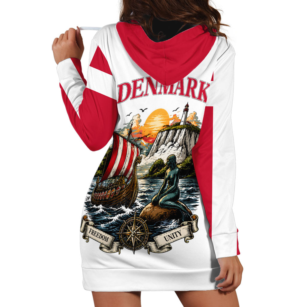 Denmark Kongeriget Heritage Hoodie Dress Vintage Viking Ship And Nyhavn Scenic Illustration