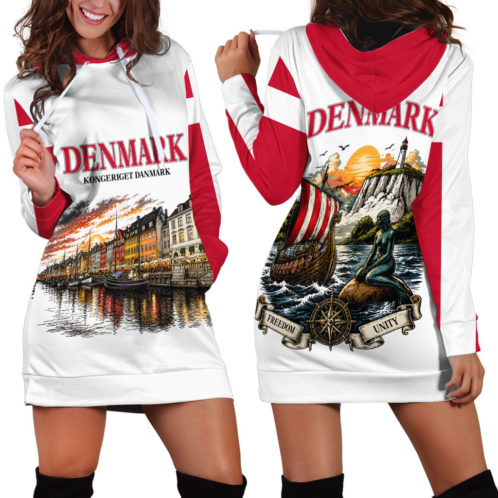 Denmark Kongeriget Heritage Hoodie Dress Vintage Viking Ship And Nyhavn Scenic Illustration
