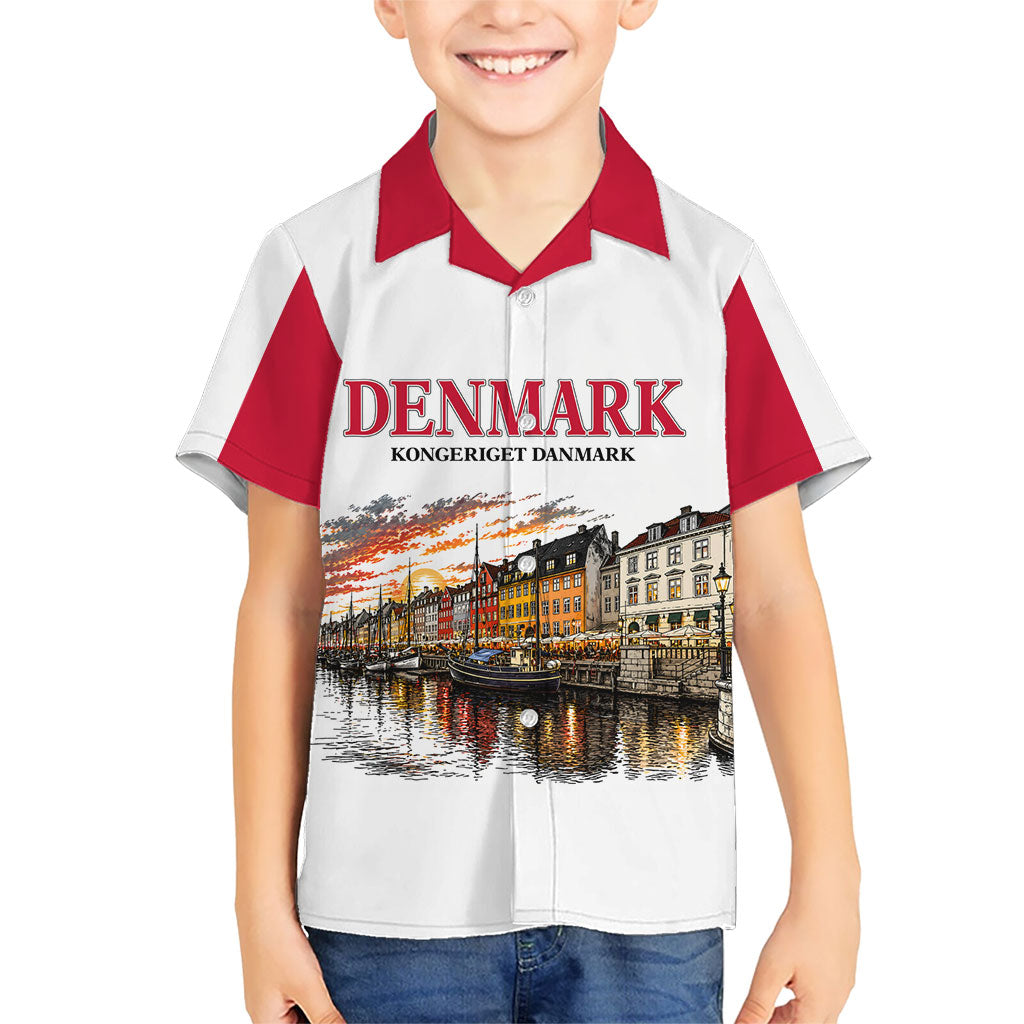 Denmark Kongeriget Heritage Kid Hawaiian Shirt Vintage Viking Ship And Nyhavn Scenic Illustration
