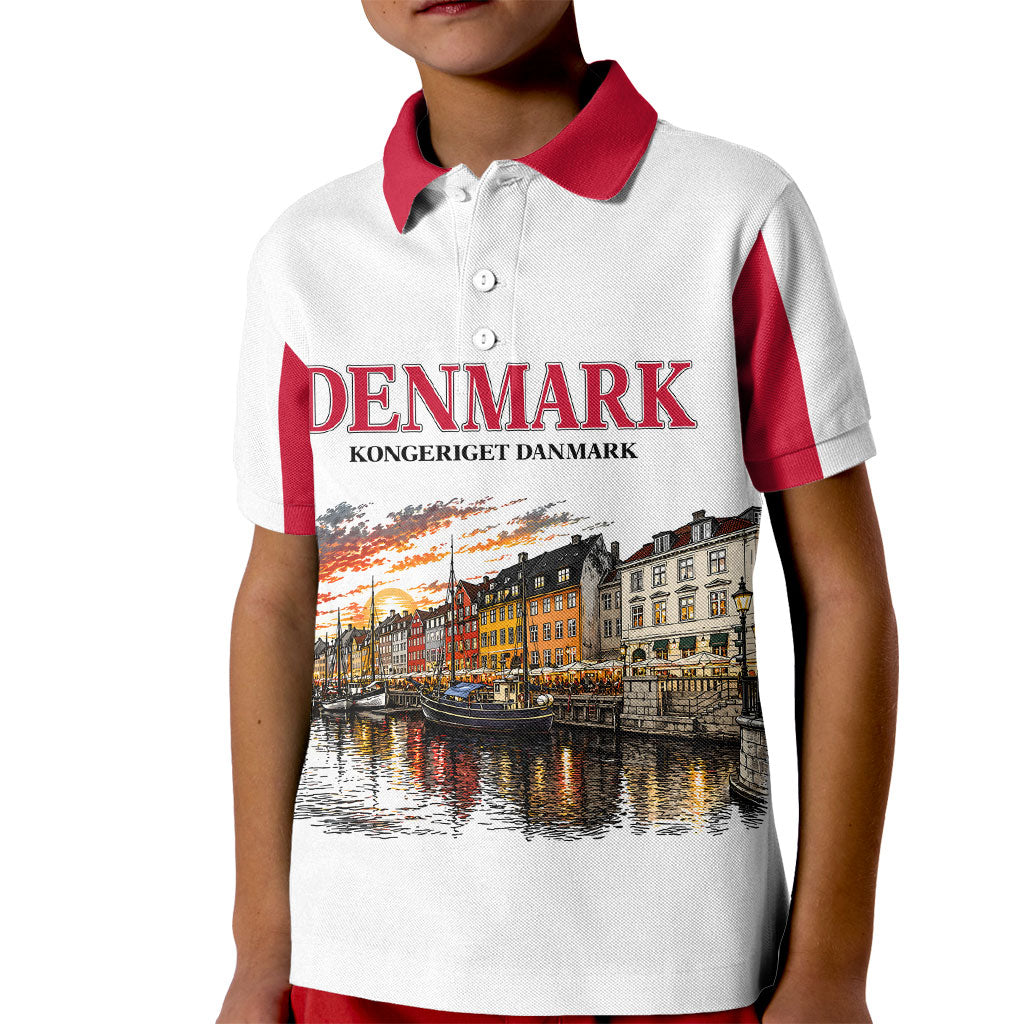 Denmark Kongeriget Heritage Kid Polo Shirt Vintage Viking Ship And Nyhavn Scenic Illustration