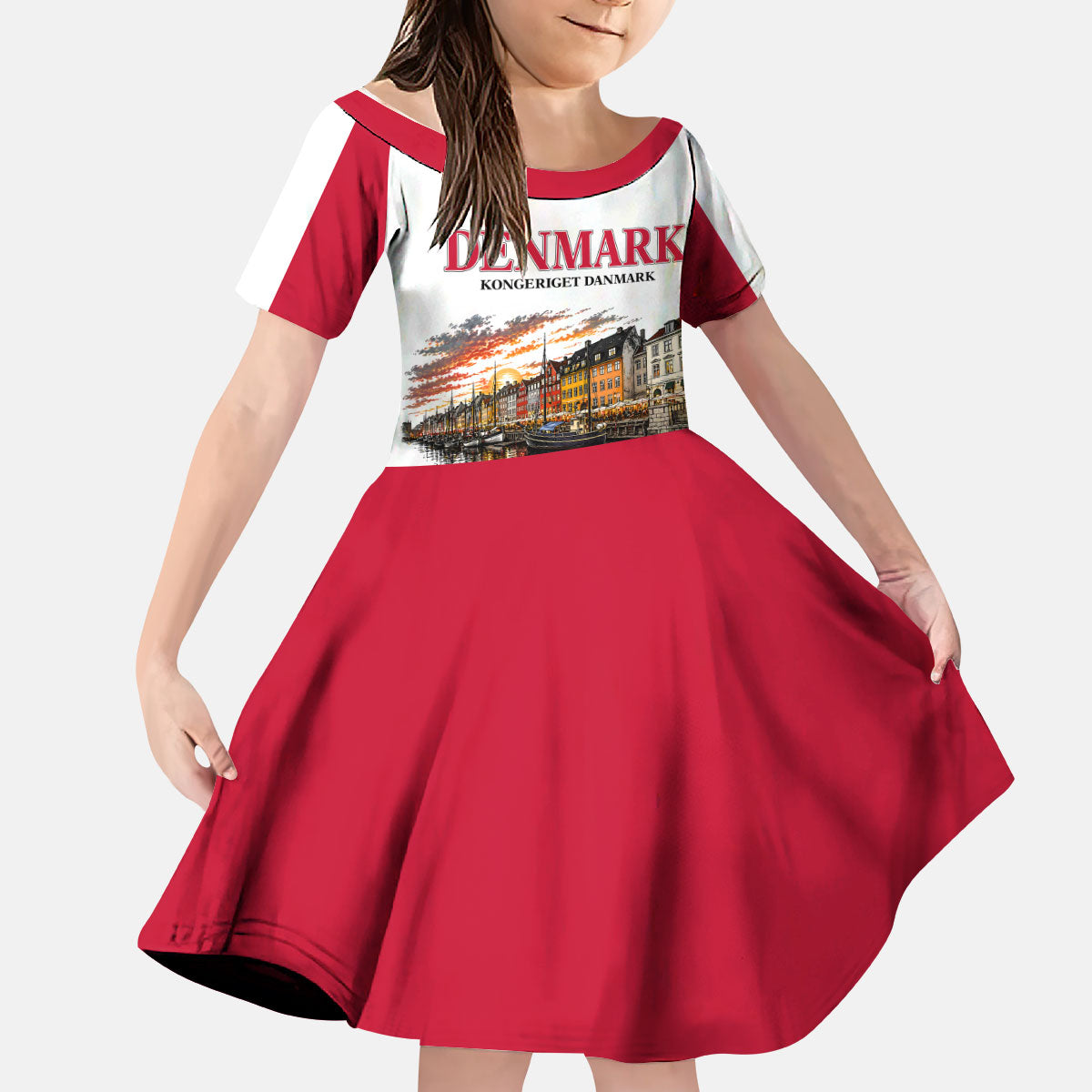 Denmark Kongeriget Heritage Kid Short Sleeve Dress Vintage Viking Ship And Nyhavn Scenic Illustration