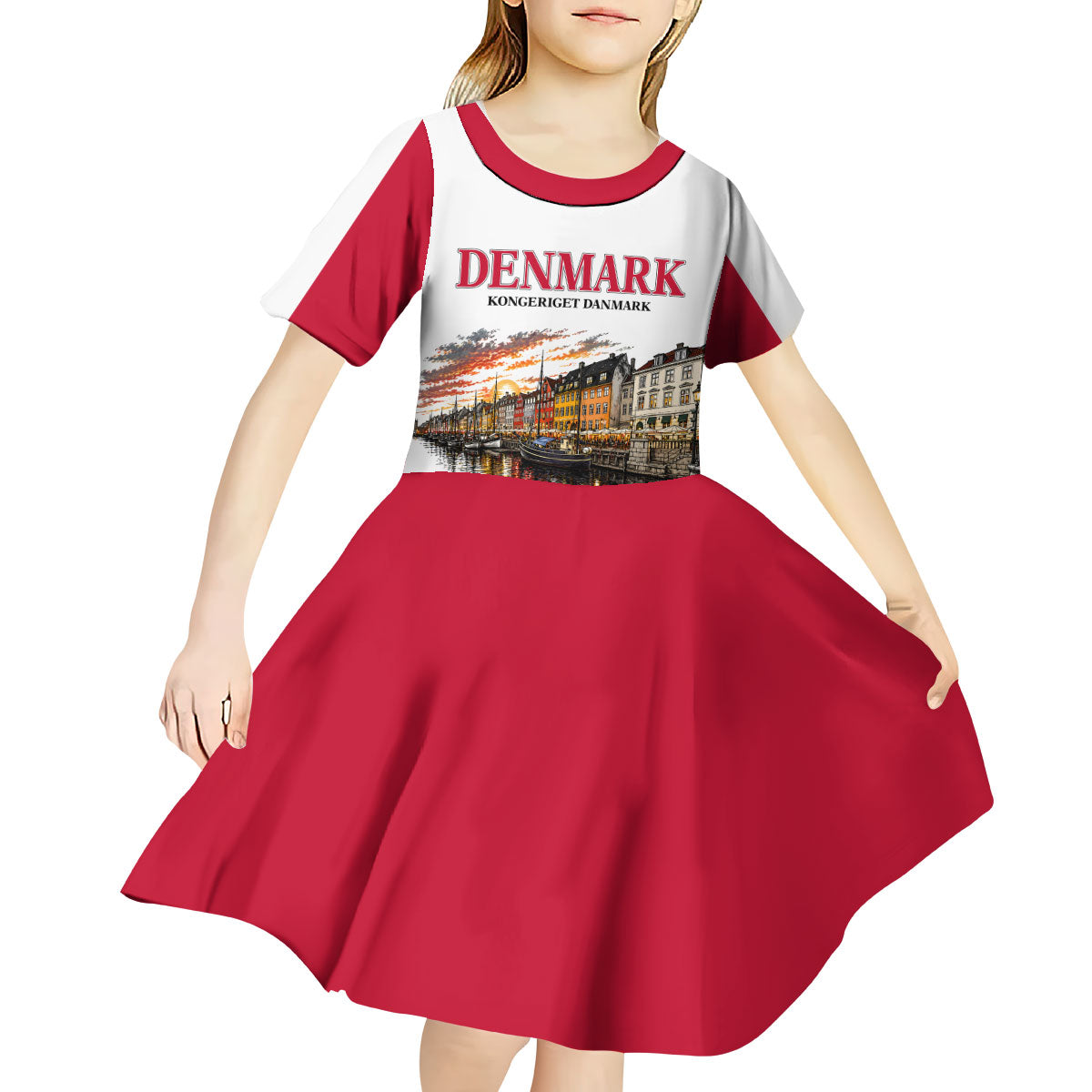 Denmark Kongeriget Heritage Kid Short Sleeve Dress Vintage Viking Ship And Nyhavn Scenic Illustration
