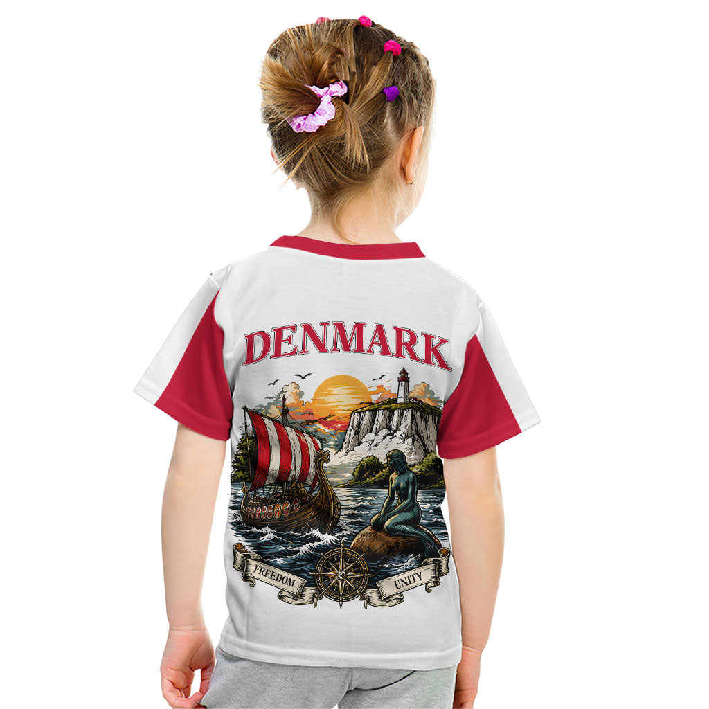 Denmark Kongeriget Heritage Kid T Shirt Vintage Viking Ship And Nyhavn Scenic Illustration