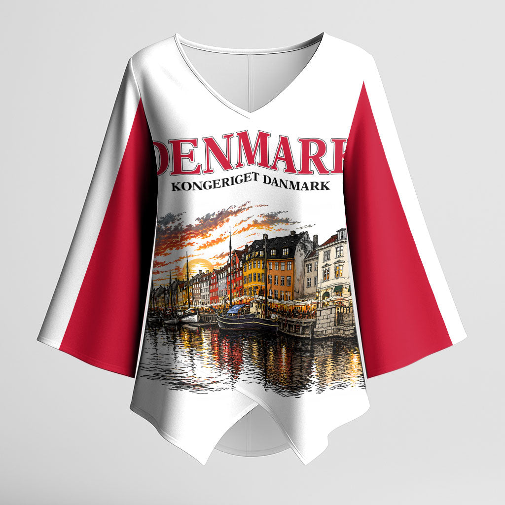 Denmark Kongeriget Heritage Kimono Sleeve Blouse Vintage Viking Ship And Nyhavn Scenic Illustration