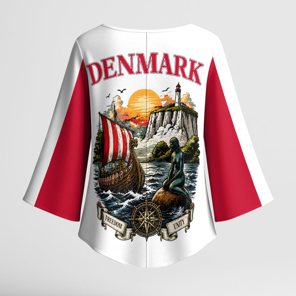 Denmark Kongeriget Heritage Kimono Sleeve Blouse Vintage Viking Ship And Nyhavn Scenic Illustration