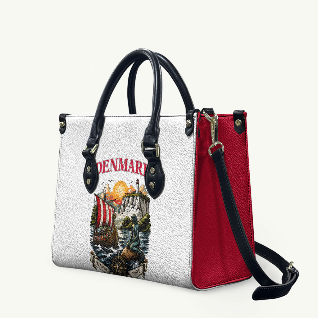 Denmark Kongeriget Heritage Leather Bag Vintage Viking Ship And Nyhavn Scenic Illustration