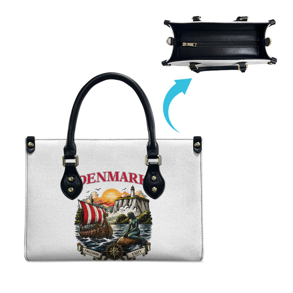 Denmark Kongeriget Heritage Leather Bag Vintage Viking Ship And Nyhavn Scenic Illustration