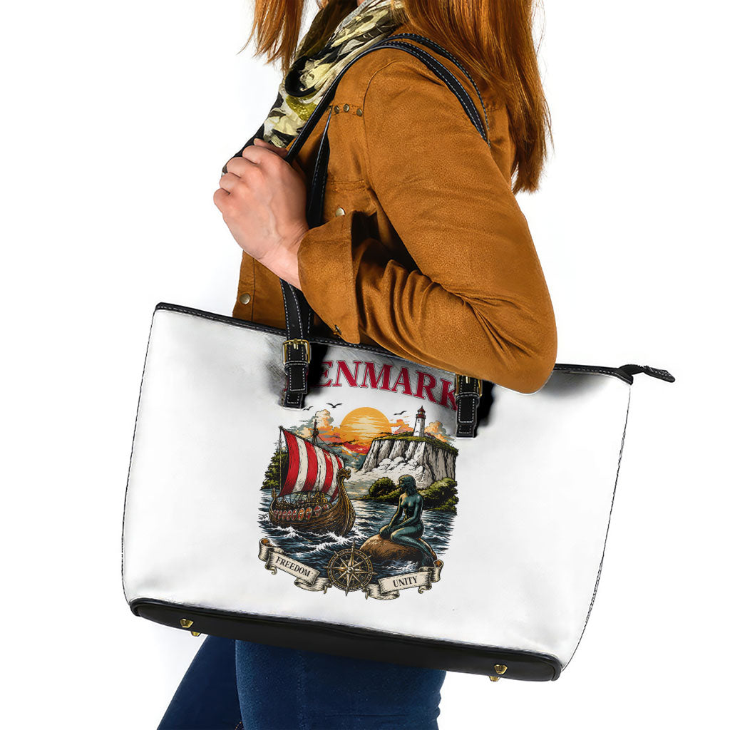 Denmark Kongeriget Heritage Leather Tote Bag Vintage Viking Ship And Nyhavn Scenic Illustration