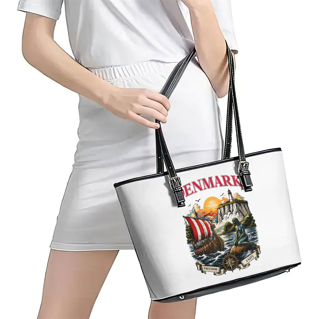 Denmark Kongeriget Heritage Leather Tote Bag Vintage Viking Ship And Nyhavn Scenic Illustration