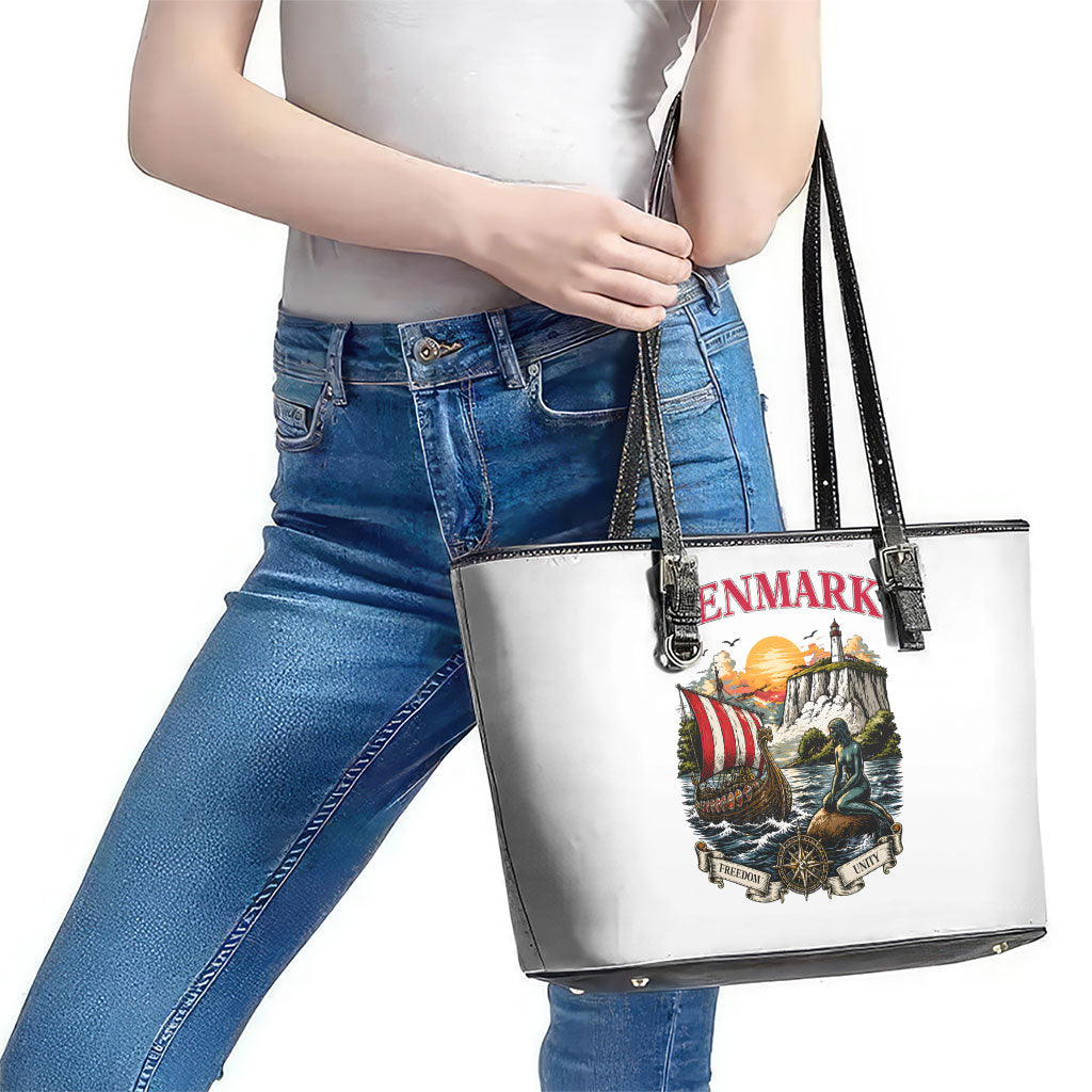 Denmark Kongeriget Heritage Leather Tote Bag Vintage Viking Ship And Nyhavn Scenic Illustration