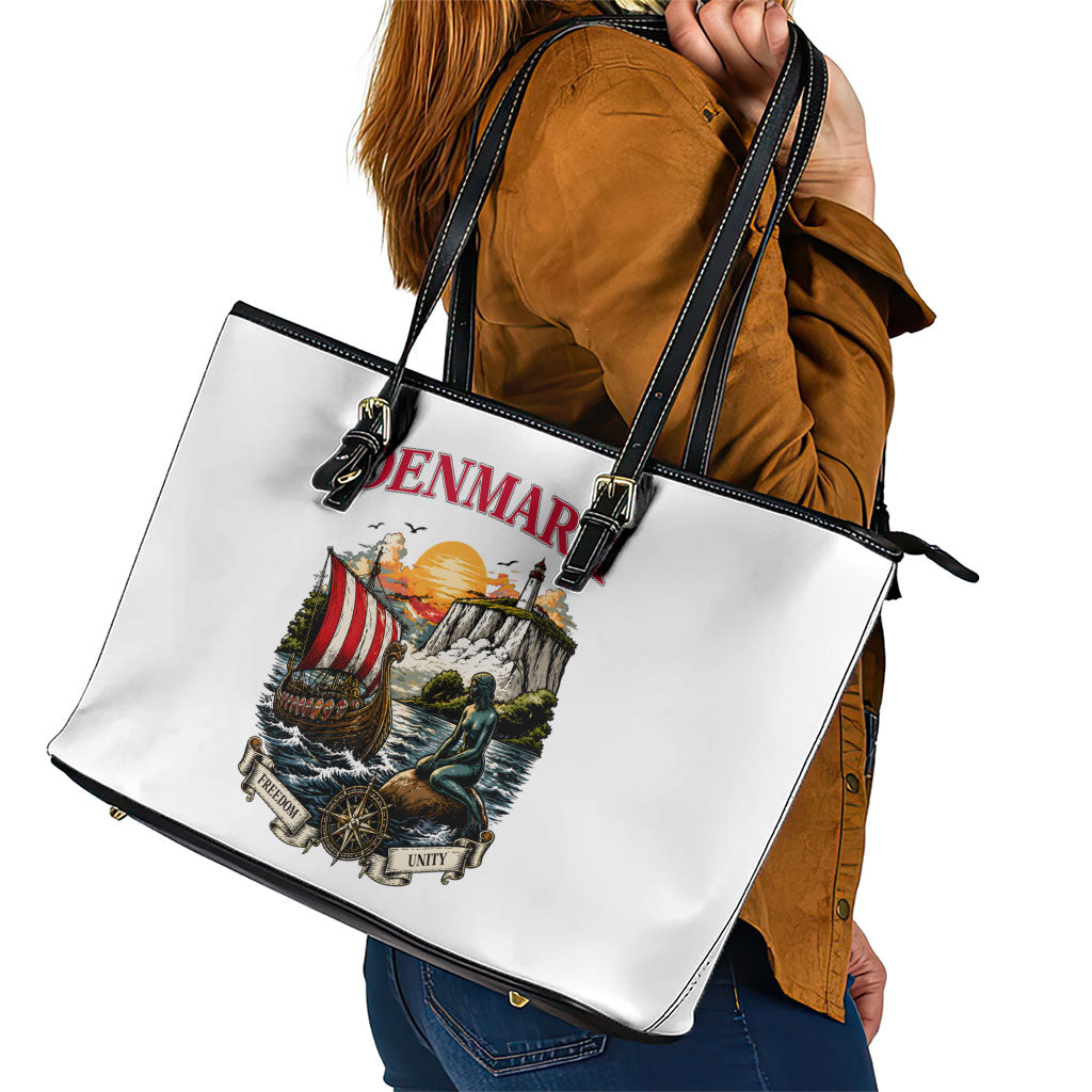Denmark Kongeriget Heritage Leather Tote Bag Vintage Viking Ship And Nyhavn Scenic Illustration