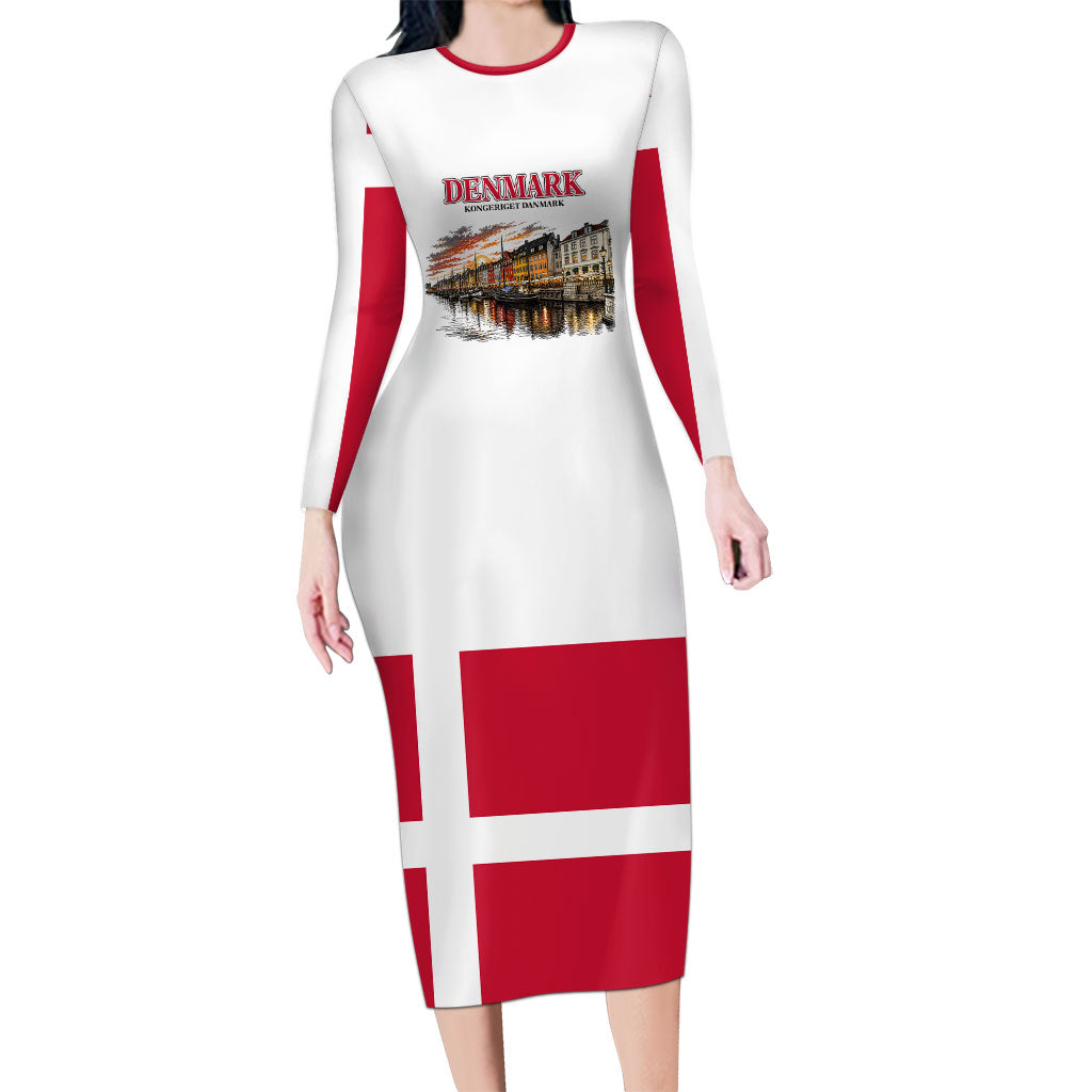 Denmark Kongeriget Heritage Long Sleeve Bodycon Dress Vintage Viking Ship And Nyhavn Scenic Illustration